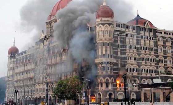 A view of the Taj Mahal Palace hotel in Mumbai during the targeted 2008 terror attacks on the Indian city.